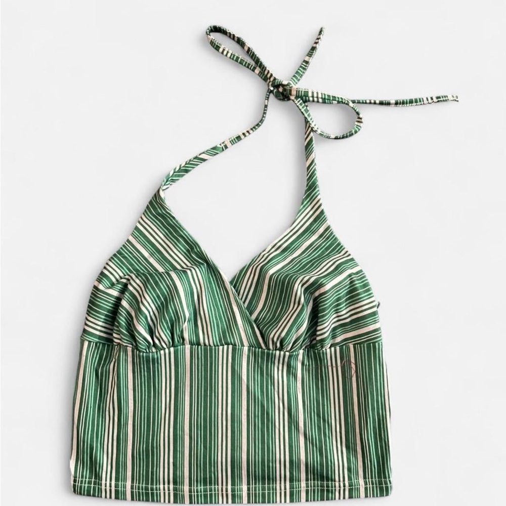 Green striped halter crop top